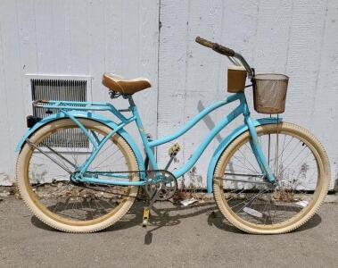 Light Blue Cruiser Bike, 26" Wheels, Step-Through Frame, Front Basket, Rear Rack, Coaster Brake