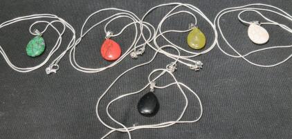 (5) Natural Gemstone Teardrop 24" Necklaces