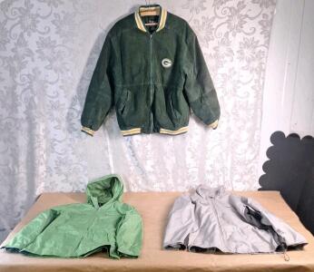 (1) Vintage Green Bay Packers Spotlight Leather Bomber Jacket, Size-L, (1) Nike Windbreaker, Size-L & (1) i5 Rain Jacket, Size-S