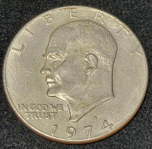 1974-D Eisenhower Dollar, U.S. One Dollar Coin, Denver Mint, Copper-Nickel Clad, 38.1mm