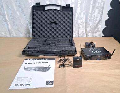 (1) AKG SR 40 Flexx PRO Wireless Lapel Mic W/ Transmitter, Receiver, Carry Case & Manual