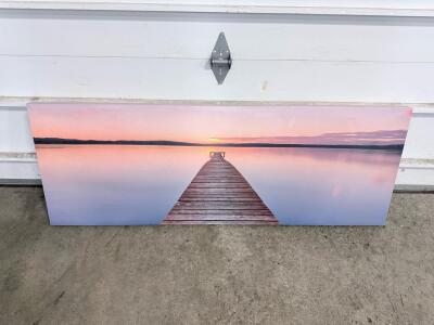 Panoramic Dock at Sunset Canvas Wall Art Print, 60x20 in, Tranquil Lake Scene