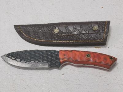 Custom Fixed-Blade Knife, Patterned Blade, Sculpted Wood Handle, Tooled Leather Sheath, 8" Overall