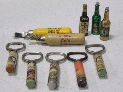 (5) Souvenir Advertising Bottle Openers, (3) Mini Collectible Bottles, & (2) Wooden Souvenir Advertising Bottle Openers.