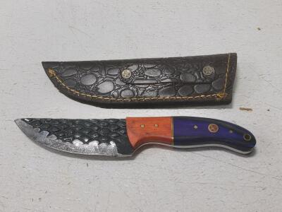 Custom Drop Point Fixed-Blade Knife, Dyed Wood Handle, Textured Blade, Tooled Leather Sheath