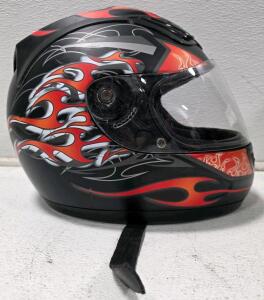 (2) HAWK Full-Face Motorcycle Helmet, Black with Flame Graphics, DOT Certified, sz LG & Med
