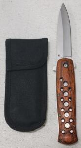 Folding Pocket Knife with Wood Handle, 3.5" Stainless Steel Blade, Includes Sheath