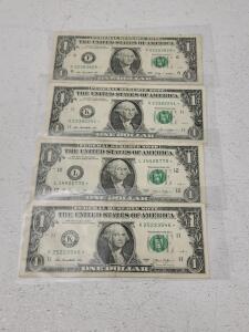 4 U.S. $1 Star Notes Lot &ndash; 2009 & 2013 Series, Atlanta, Dallas, SF Districts, Circulated