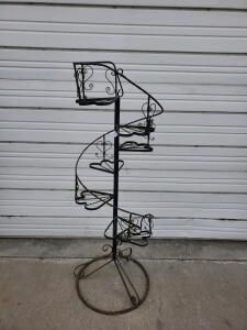 Wrought Iron Spiral Staircase Plant Stand, 6-Tier, Ornate Scrollwork, 5 ft Tall, Black Finish