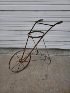 Vintage Steel Push Garden Cultivator Single-Wheel Frame with Wooden Handle Grips