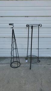 Set of Two Wrought Iron Plant Stands &ndash; 24" Round Stand & 36" Obelisk Trellis
