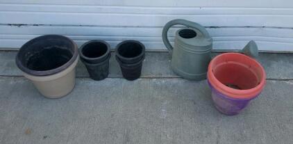 Plastic Watering Can and 8 Assorted Plastic Flower Pots, Multiple Sizes and Colors, Garden Lot