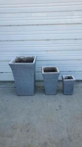 Set of Three Tall Square Resin Wicker Planters &ndash; Grey, Varying Sizes