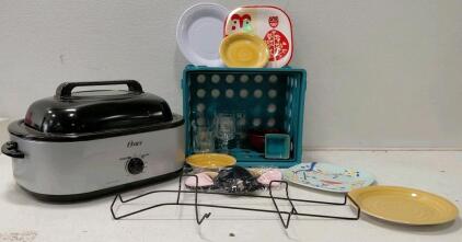 Oster CKSTRS18-VHD-V 18-Quart Electric Roaster Oven with Dishware and Glassware Bundle