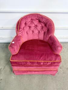 Pink Velvet Tufted Lounge Chair with Orange Piping, Skirted Base, Button-Tufted Back, Retro Style