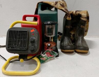 Comfort Zone CZ798 Heater, Coleman QuickPack Lantern, Coleman Lantern Case, Hodgman Waders