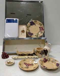 Hand Painted Grapevine Ceramic Dinnerware Set with Plates, Bowls, Mug, Pitcher & Mirrored Tray