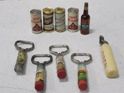 (1) Collectible Mini Bottle Seagram's V.O. Canadian Whiskey, (4) Souvenir "FLASH" Bottle Openers, (4) Collectible Mini Cans featuring Libby's Tomato Juice, Miller High Life, Schlitz Beer, & (1) Wooden Souvenir Can Opener "Open Can Ginger Ale"