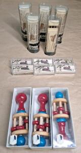 (14) Handcrafted Wooden Toys, (11) Train Whistles & (3) Baby Rattles
