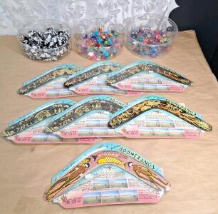 (7) Handcrafted Wooden Boomerangs & 100+ Pairs Of Fun Shaped Hair Ties