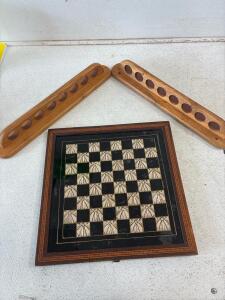 Handcrafted antique chess board, Pool stick holders