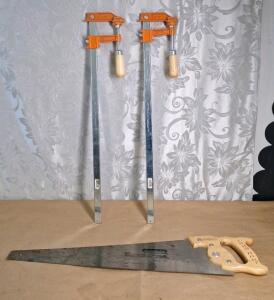 (2) Jorgensen #3724-HD 24" Heavy-Duty Steel Bar Clamps & (1) Stanley 24" Crosscut Hand Saw