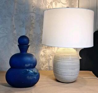 (1) Table Lamp & (1) Large Blue Glass Decanter