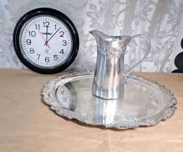 (1) 23" Decorative Metal Tray W/ Pitcher & Electric Wall Clock