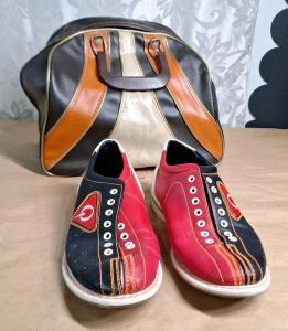 (1) Pair Of Qubica AMF Black-Red-White Leather Bowling Shoes Mens Size 10, Women Size 11.5 & (1) Brunswick Leather Bowling Ball Bag