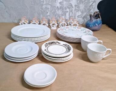 (23) Pieces Of Assorted Ceramic Dinnerware, (12) Ceramic Angel Napkin Holders & (1) Decorative Stoneware Tea Pot