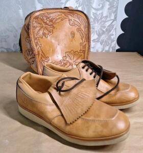 (1) Pair Of Soft Ones Golfing Shoes, Mens Size 12 & (1) Vintage Leather Bag