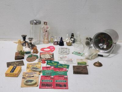 Vintage Mixed Collectibles Lot: Royal Salute 21 Mini Bottle, Porcelain Plate, Tins, Fuses, Figurines