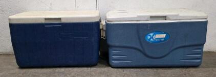 (2) Coleman Hard-Sided Coolers, 50-70 Qt Capacity, Blue/White, with Drain Plug and Seat-Top Lid