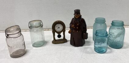 Vintage LAIRES Mantle Clock, Ceramic Man Decanter, and Antique Canning Jars Lot