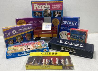 Vintage Board Games & Puzzle Lot: Pictionary, Chess, 20 Questions, Wagon, 10 Items