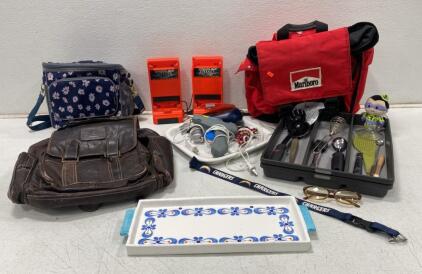 Large Mixed Lot: Leather Backpack, Marlboro Bag, Streamlight LiteBox Chargers, Kitchen Utensils