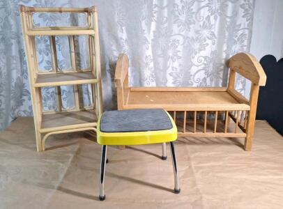 (1) Vintage 3-Tier Bamboo Shelving Unit, (1) Vintage Wooden Small Toy Bed & (1) Stepstool