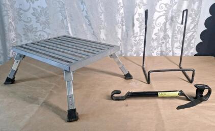 (1) RV / Camper Folding Step, 19"L x 14.5L x 7.5"-8.5" Tall, (1) RV / Camper Heavy Duty Folding Chair Rack Hook & (1) Allen Sports 900B Bike Frame Adapter Bar