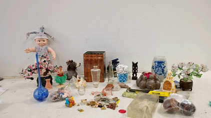 Assorted Vintage Collectibles: Figurines, Dolls, Glassware, Jewelry, Jurassic Park Novelty Ruler