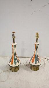 Pair Vintage Mid-Century Modern Ceramic Table Lamps, Orange Teal Design, 22" Tall, Brass Base