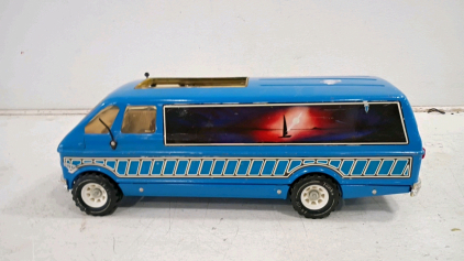 Vintage Blue Toy Van with Sliding Door, "LOW N SLO" Plate, Pressed Steel, 1970s Style, 14 Inch