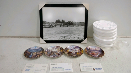 Set of Four Porcelain Collector Plates with Eagle Scenes and Framed 1926 Boise Airport Photograph