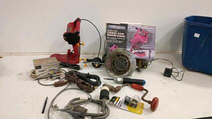 Chicago Electric Chainsaw Sharpener Kit with Box & Manual, and powers on + TENNA Power Supply & Tools Lot