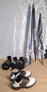 (1) Pair Of Footjoy Golf Shoes, Men's Size 9.5, (3) Golf Umbrellas & (4) Golf Club Socks