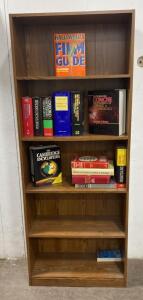 Freestanding 5-Shelf Wooden Bookcase, Dark Woodgrain Finish, 71" x 24.5" x 11.5" - With Books - Film Guide - Encyclopedias and More