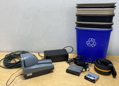 Lot of Office IT Equipment: Digital Check TS240, Cisco Router, Linksys SD205, APC UPS, Bins, Cord Covers Check Writer ( Unable to Test )