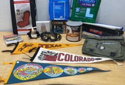 Vintage Travel Pennants, Magic Mountain, SCOTT Goggles, Mountain House Food, Medical Supplies Lot