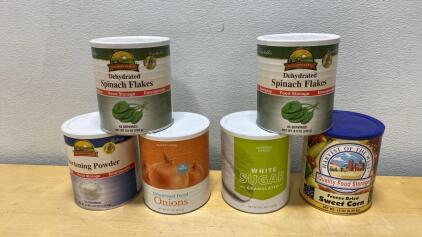 Augason Farms & Deseret Farms #10 Cans: Dehydrated Spinach, Onions, Sugar, Powder & Sweet Corn Lot