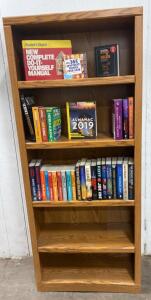 5-Shelf Wooden Bookcase, Medium Oak Finish with Books - Mark Greaney - Gregg Hurwitz and More