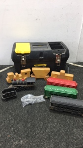 (1) Cast Iron Train Set (1) Wood Train Set (1) Stanley Tool Box